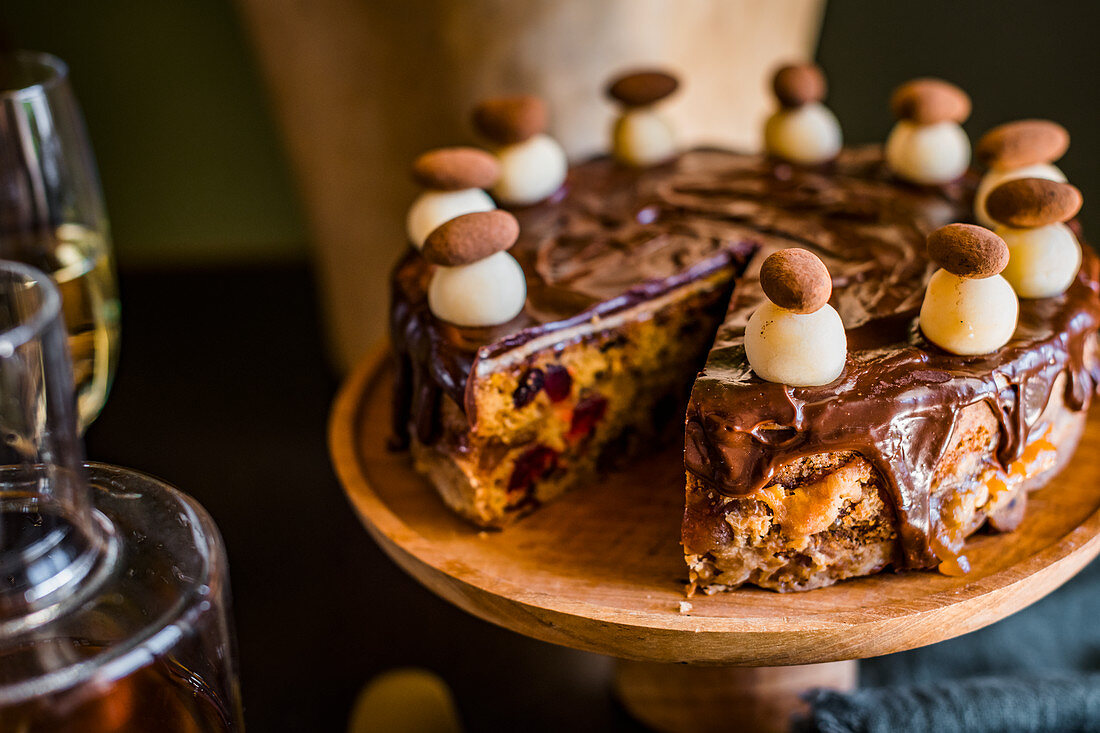 Simnal cake with chocolate glaze for Easter high tea