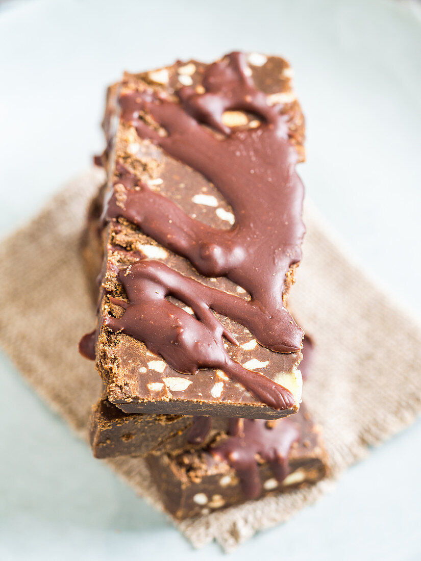 Stack of homemade chocolate protein bars
