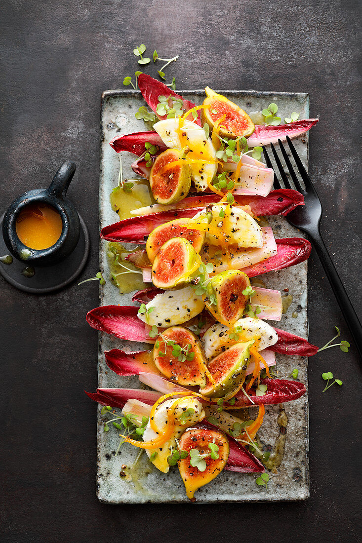 A fig and treviso salad with goat's cheese and orange dressing