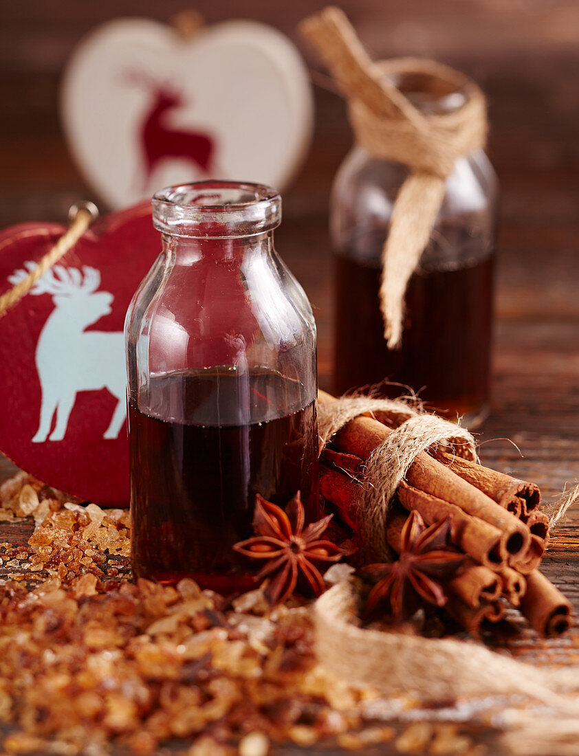 Homemade syrup with cinnamon, star anise and rock sugar