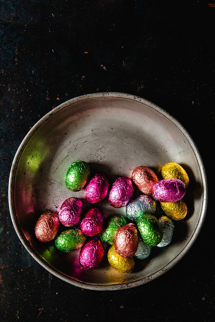 Chocolate eggs wrapped in bright foil