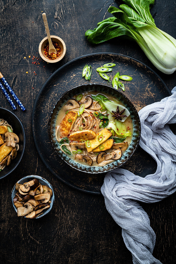 Vegane Nudelsuppe mit Tofu und Pilzen (Asien)