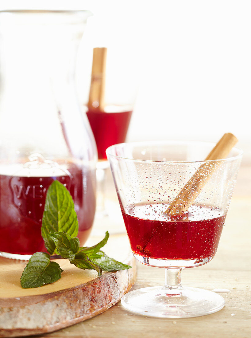 Homemade cranberry liqueur with mint, cinnamon and vodka