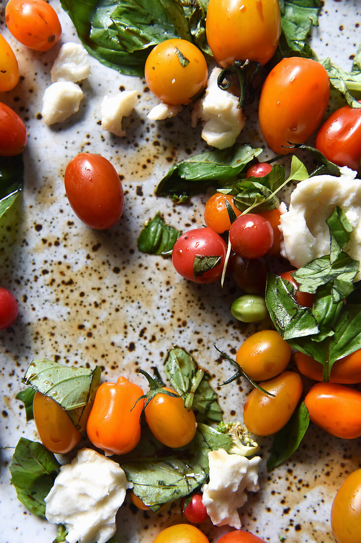 Caprese Salat mit verschiedenen Tomaten, Mozzarella und Basilikum