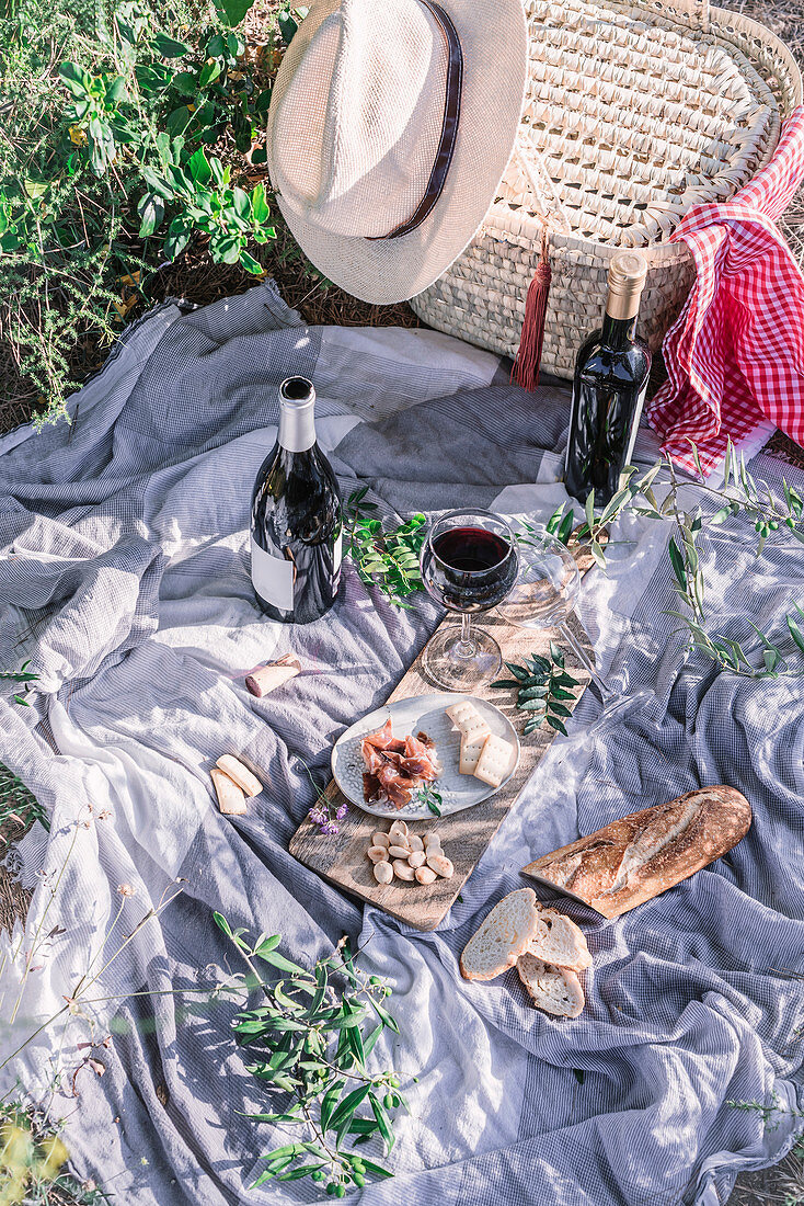 Sommerliches Picknick mit Brot und Rotwein auf Decke