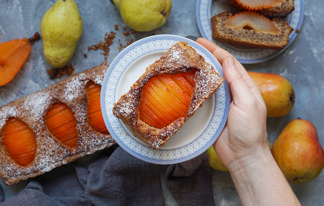 Saffron pear frangipane tart