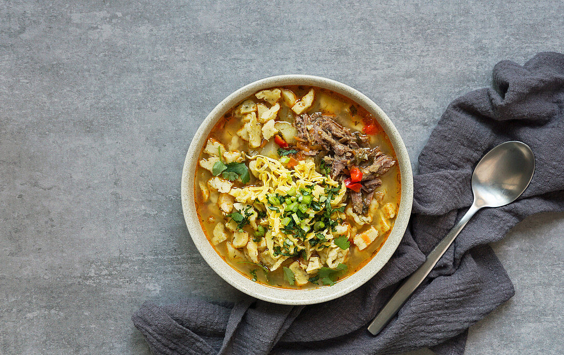 Manpar soup with pasta, traditional soup of middle asia