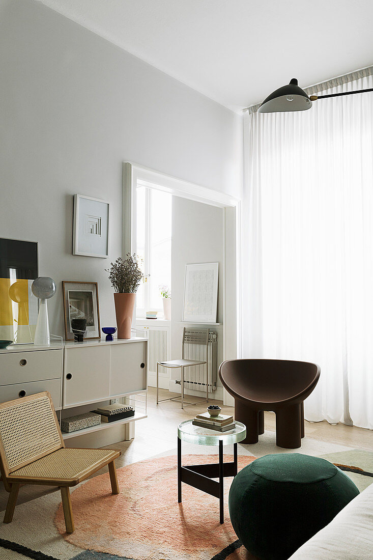 Designer furniture in living room in muted shades