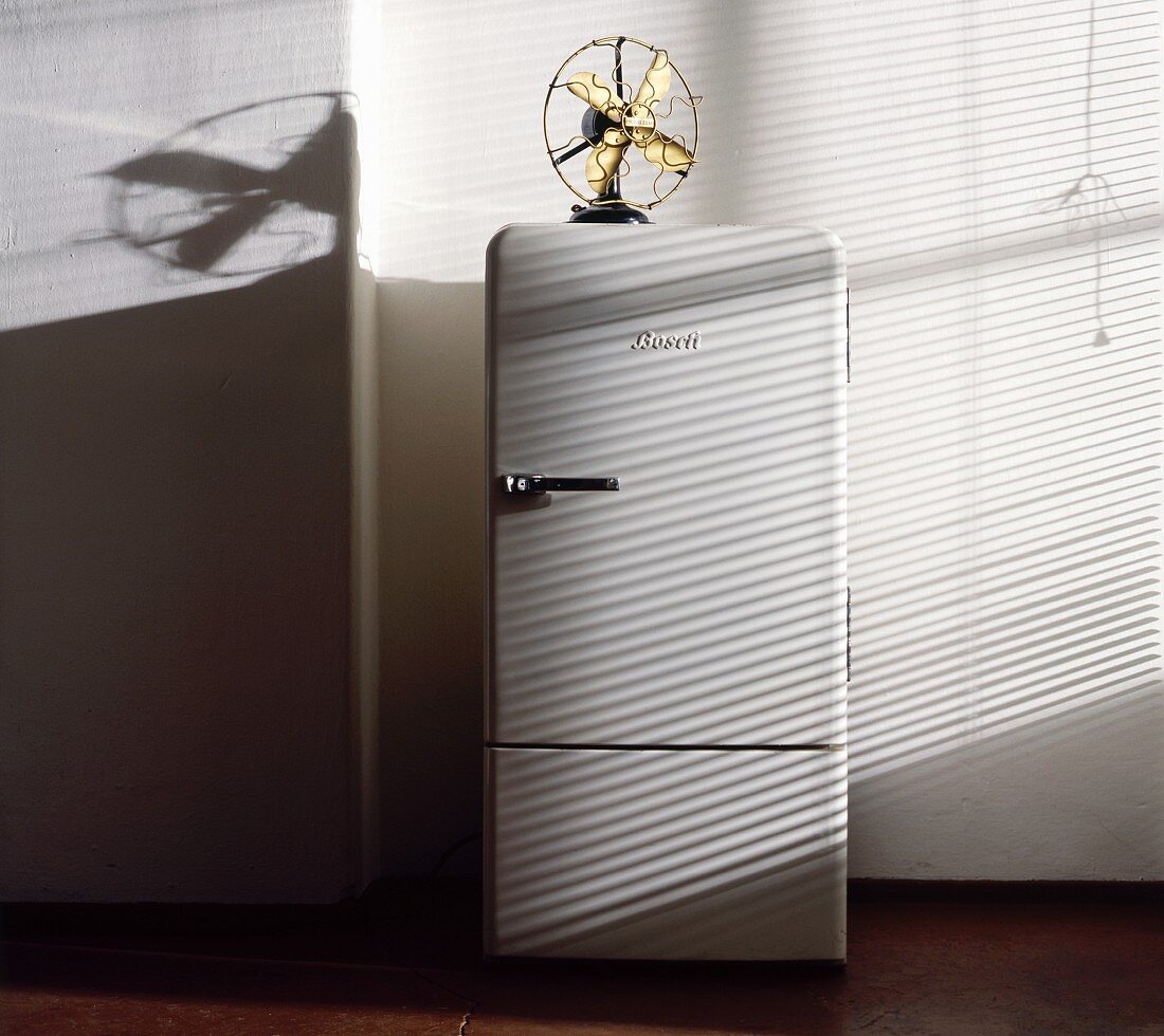 Ein Bosch-Kühlschrank (geschlossen) & Ventilator