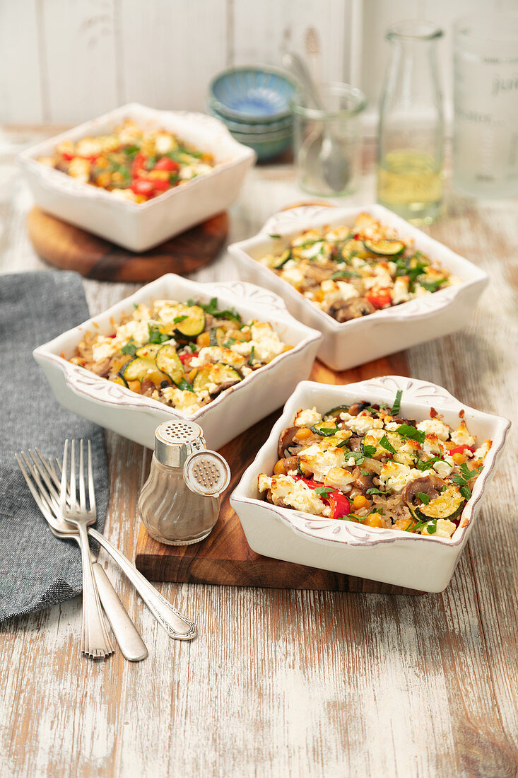 Vegetables, rice, feta and chickpeas bake