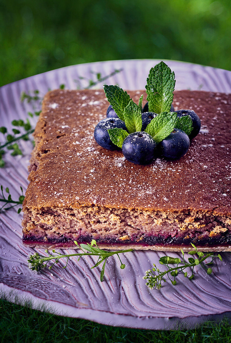 Lentil cake with blueberries and mint