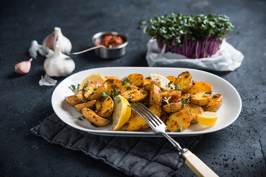 Roasted vegan harissa potatoes (New potatoes with North African spice paste)