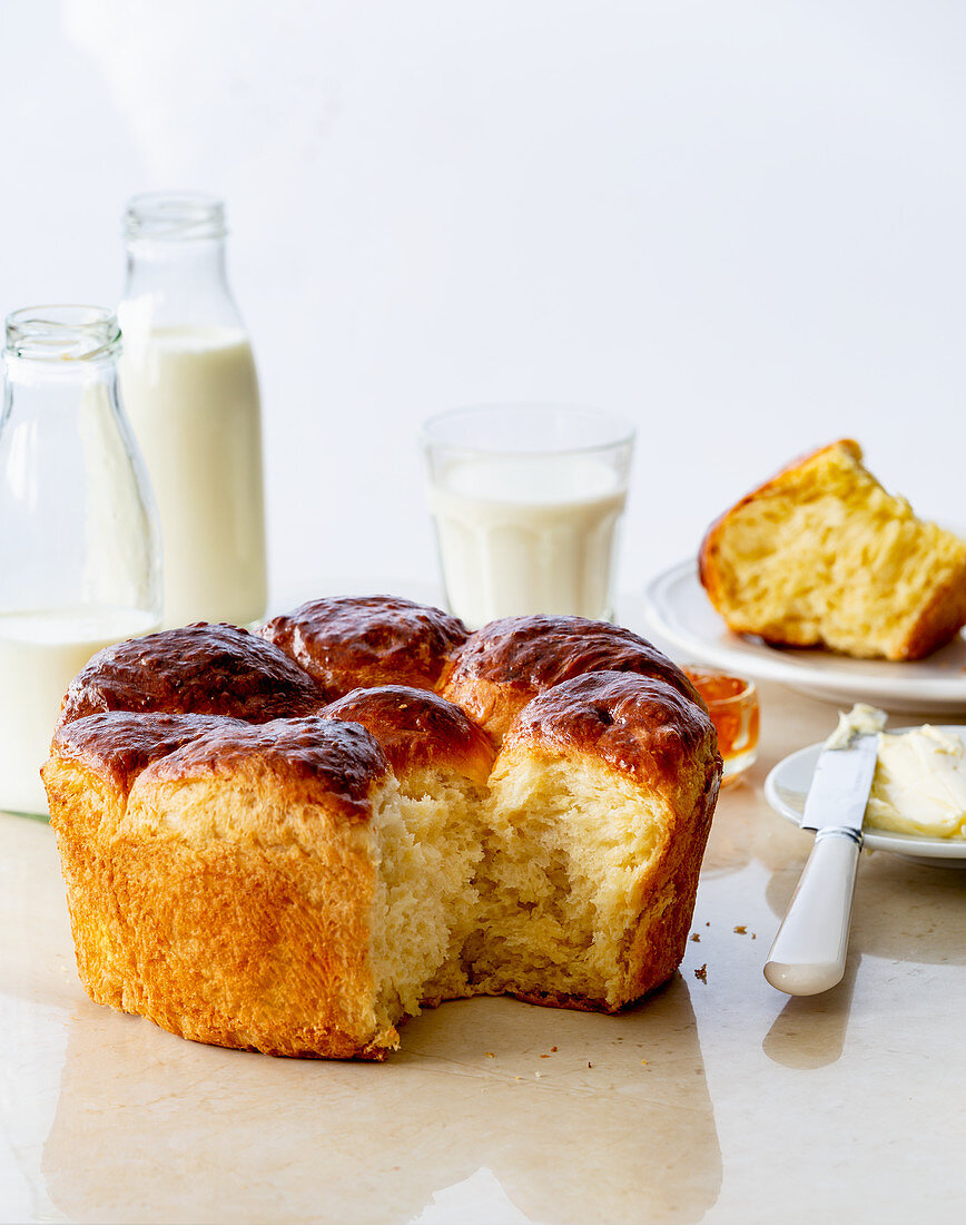 Easter brioche served with butter and milk