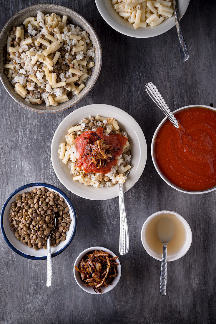 Koshari with rice, noodles, lentils, tomato sauce and fried onions (Egypt)
