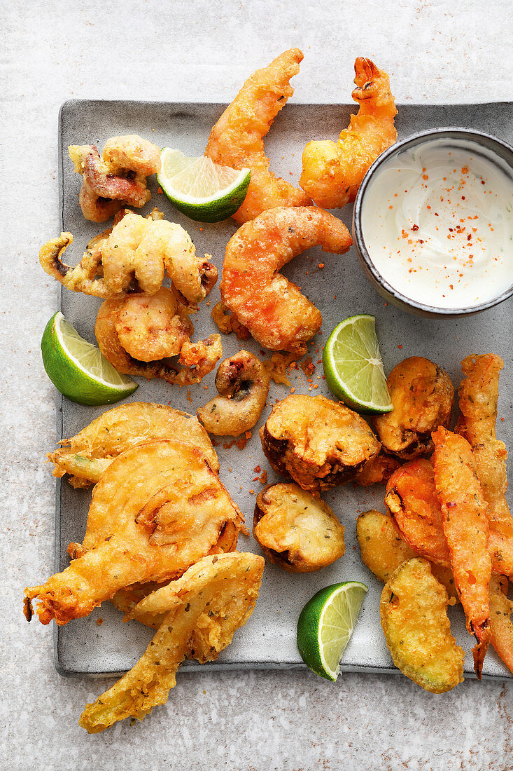Fritto misto with a garlic and lime dip