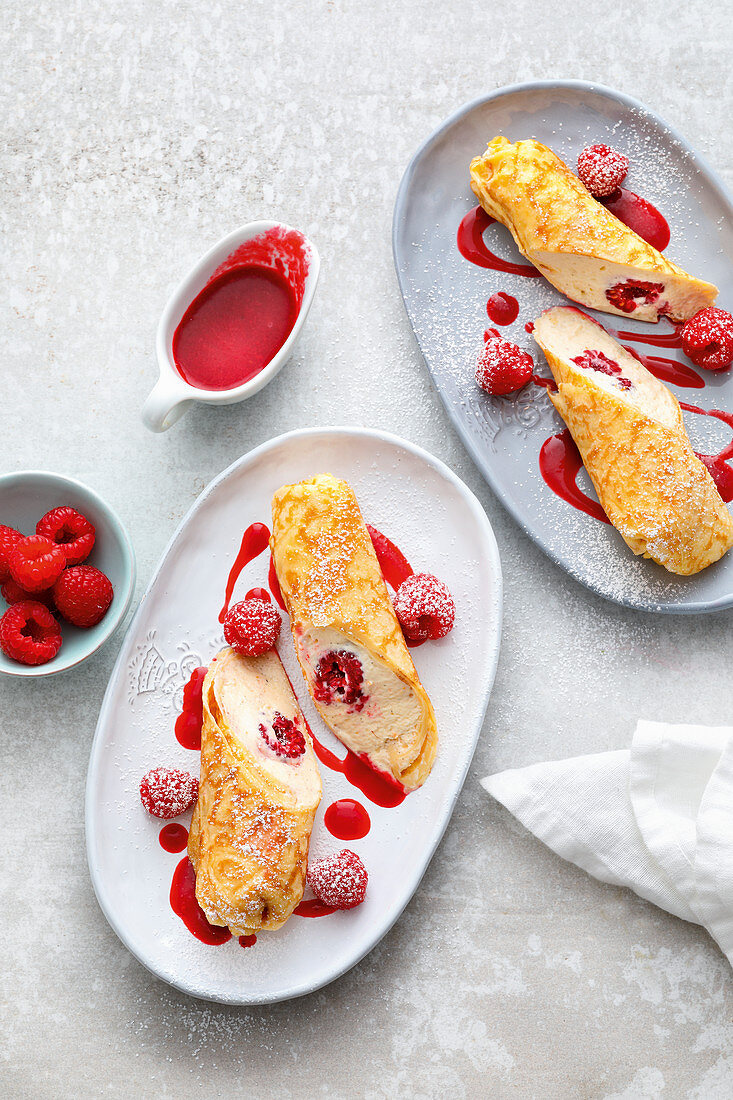 Pancakes with cottage cheese cream and raspberries