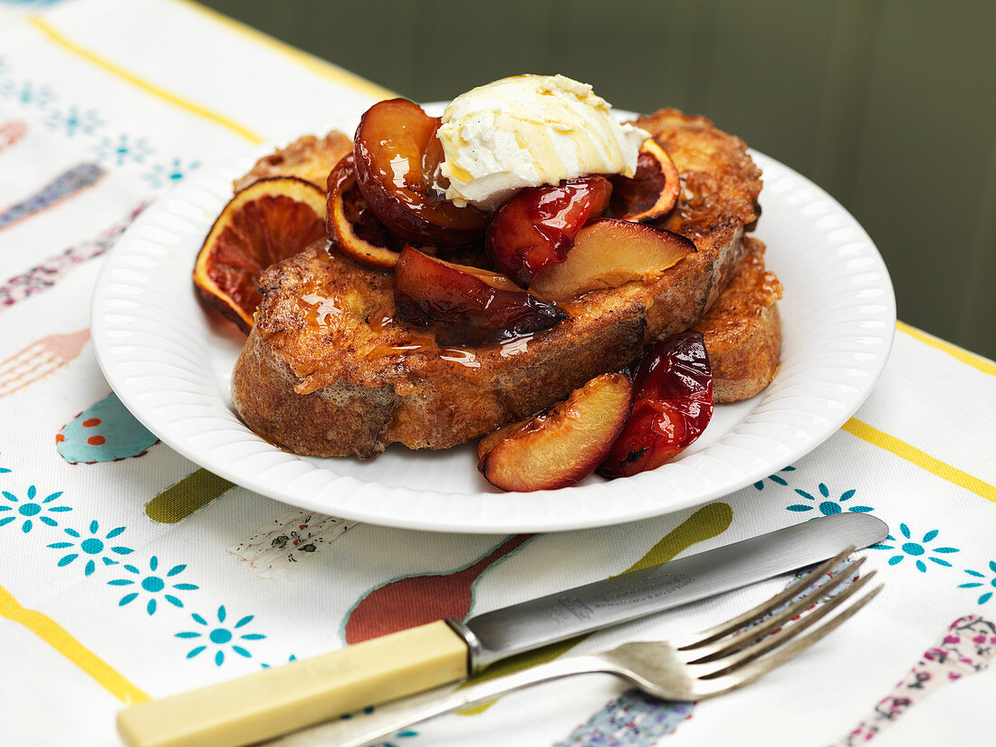 French toast with plums and blood oranges