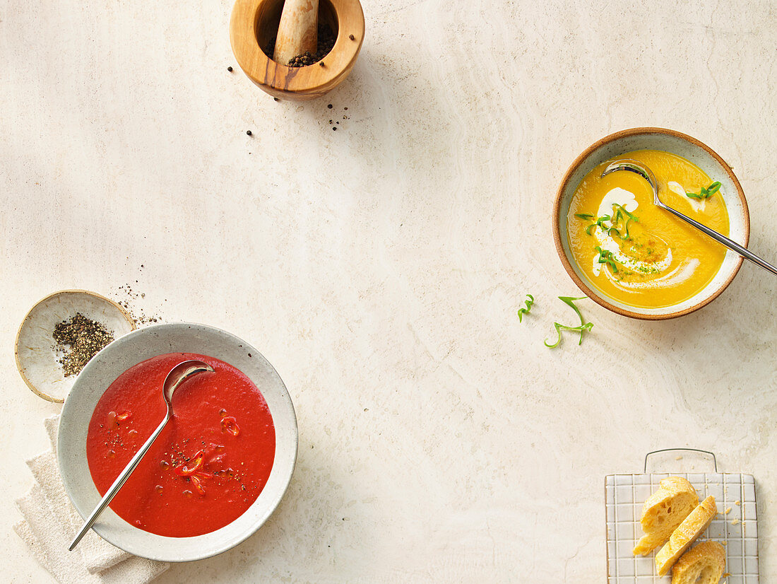 Beetroot gazpacho with oranges, and sweet potato soup with coconut milk
