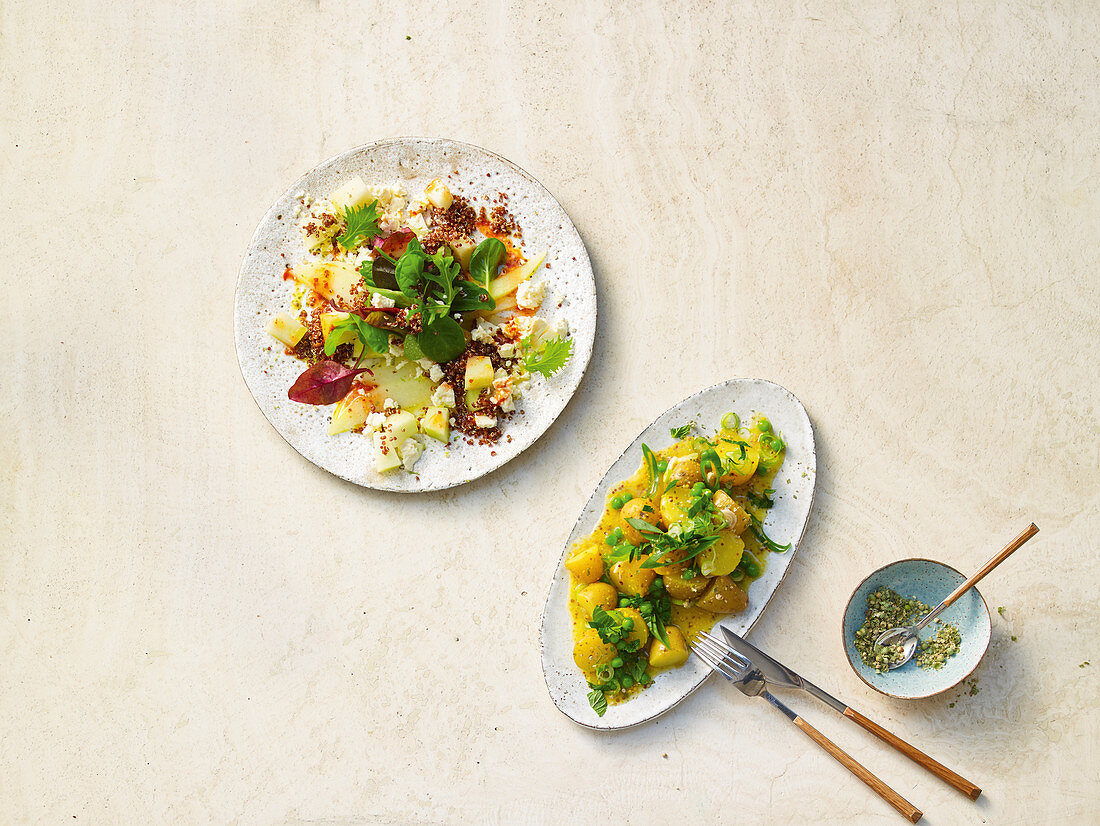 Quinoasalat mit Feta und Melone, Mini-Kartoffel-Salat mit Erbsen