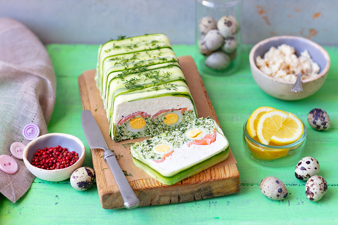 Cream cheese terrine with quail eggs, salmon and cabbage