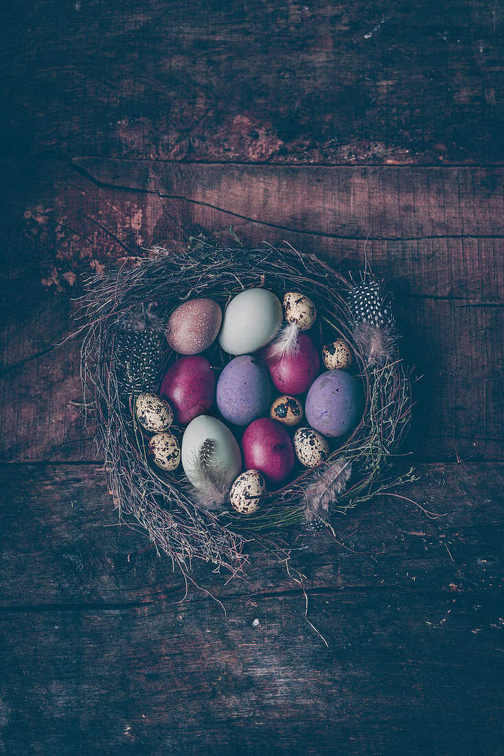 Osternest mit natürlich gefärbten Eiern