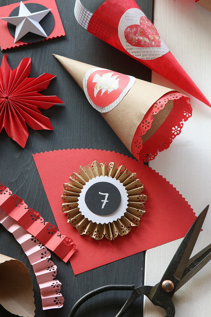 Handmade red and beige cones for Advent calendar