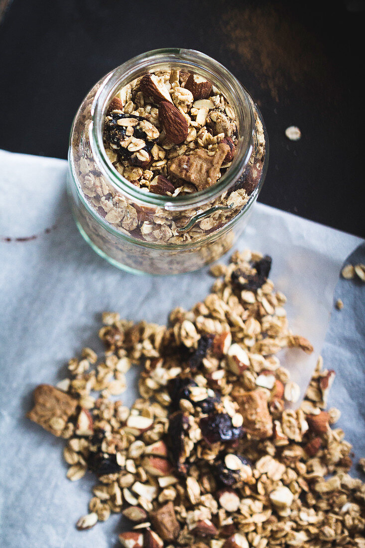 Vegan granola with dried plums, gingerbread, almonds and cinnamon