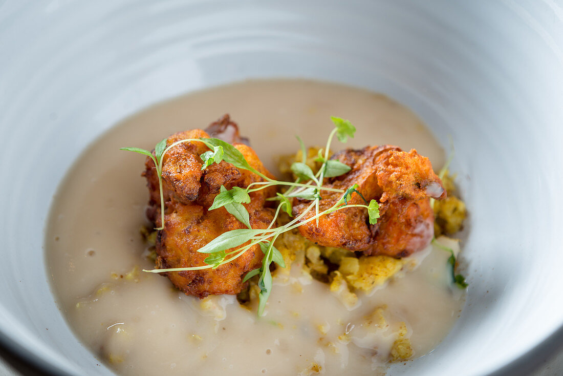 Cauliflower and Roasted Cumin Veloute with Cauliflower Pakora