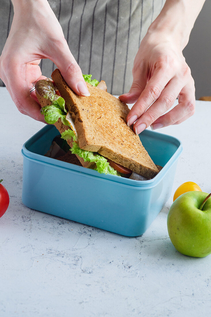 Female hands packing a sandwich with greens, ham, tomatoes and cheese in plastic container