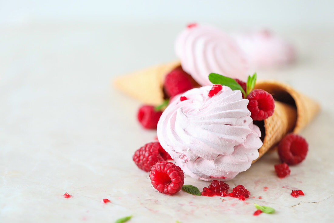 Raspberries Marshmallows (Zefir) with Mint in Waffle Cones