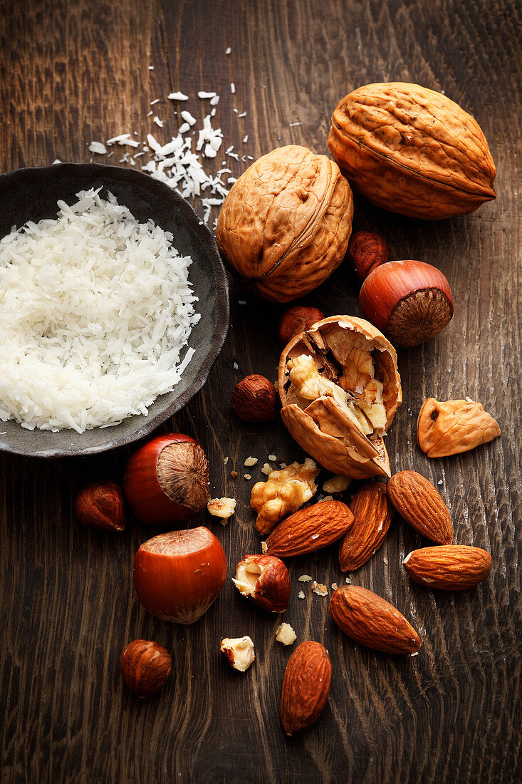 Hazelnuts, walnuts, almonds and grated coconut
