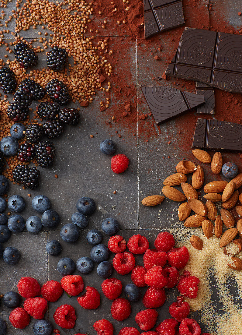 Fresh berries, sugar, almonds and chocolate