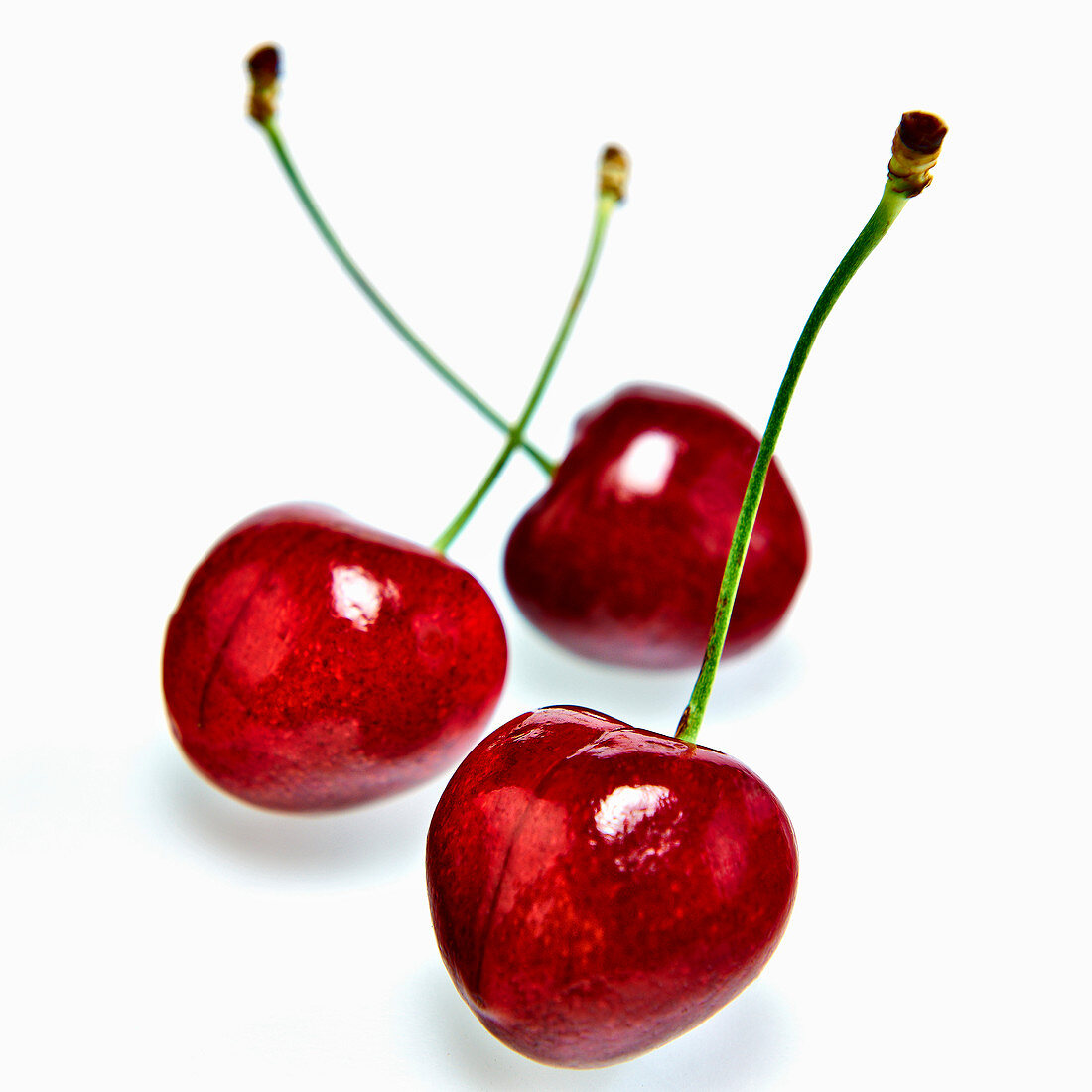 Three cherries in front of a white background