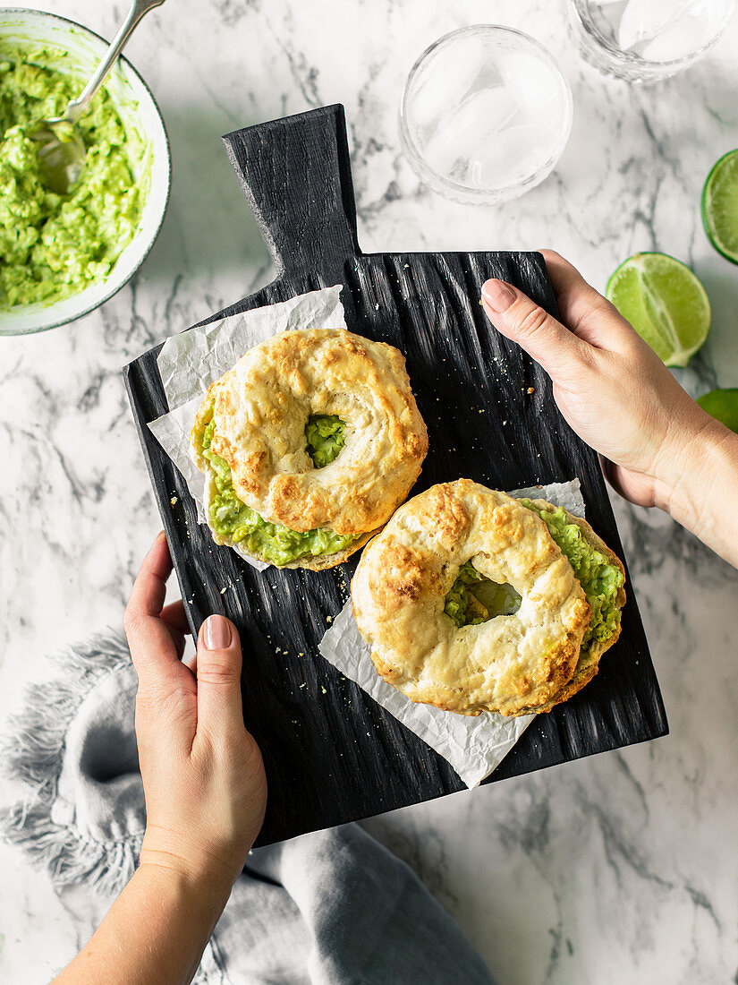 Bagels with avocado lime salad