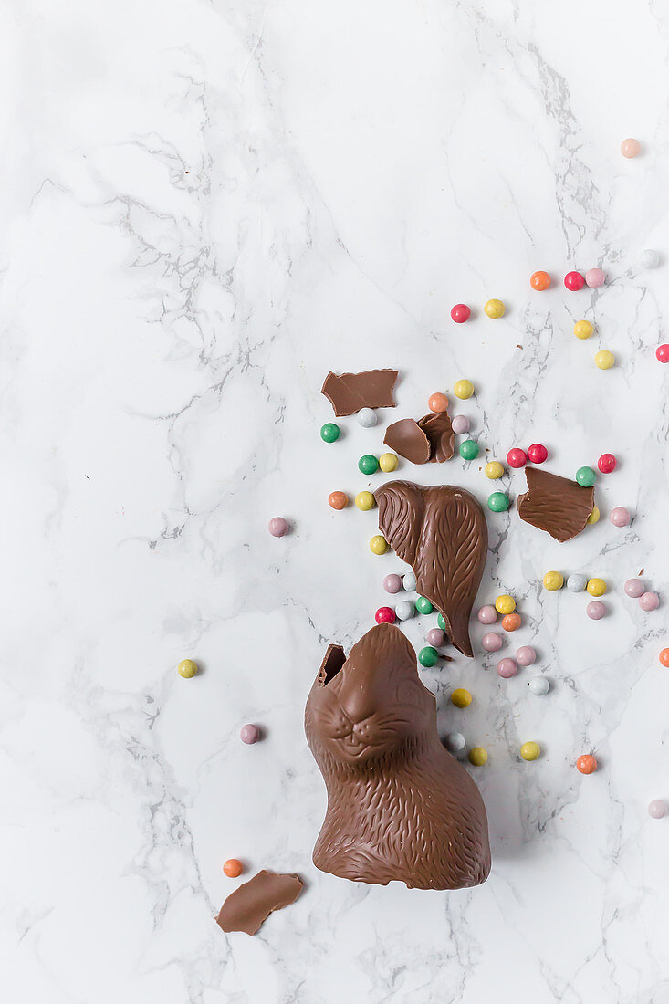 Crushed chocolate Easter bunny with candies