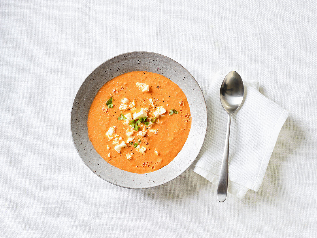 Tomato and celery soup with feta cheese