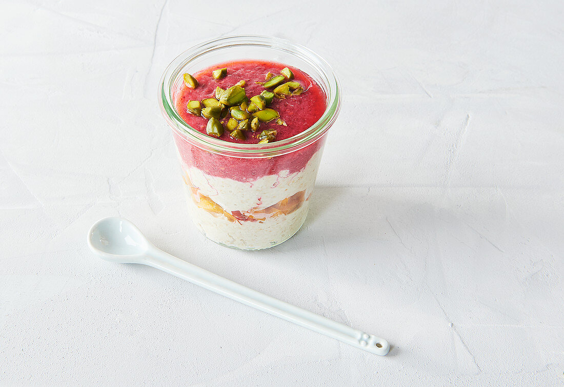 Raspberry overnight oats in a glass