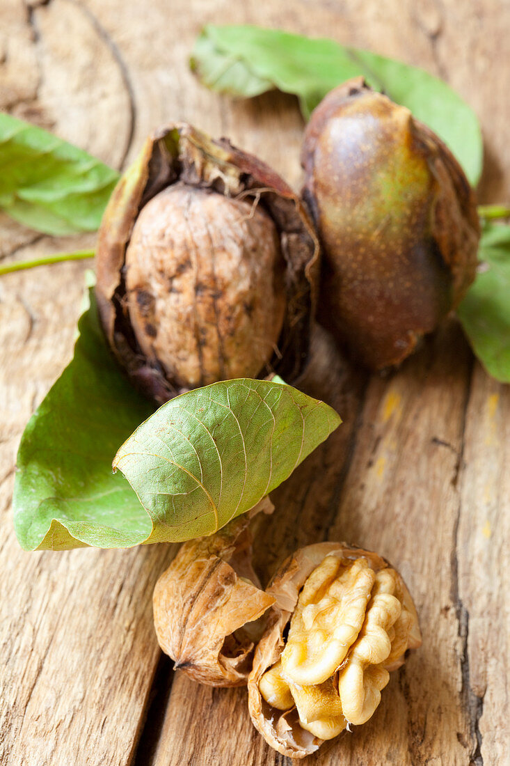 Fresh walnuts on a wooden background