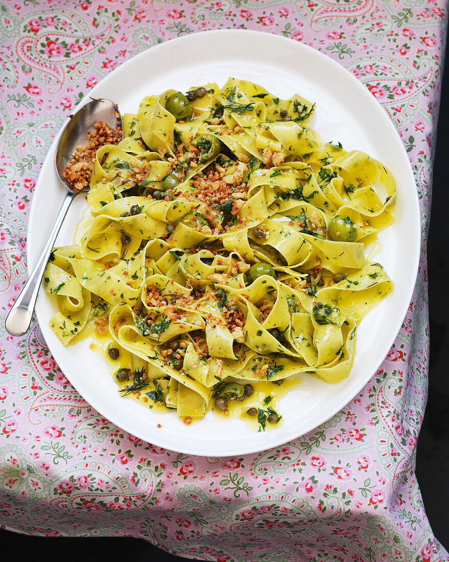 Pappardelle with herbs, green olives, capers and pangrattato