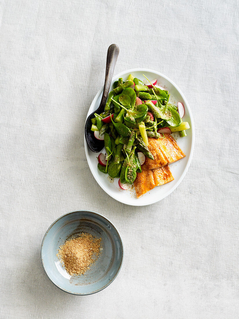 Asparagus salad with spicy oven-roasted salmon