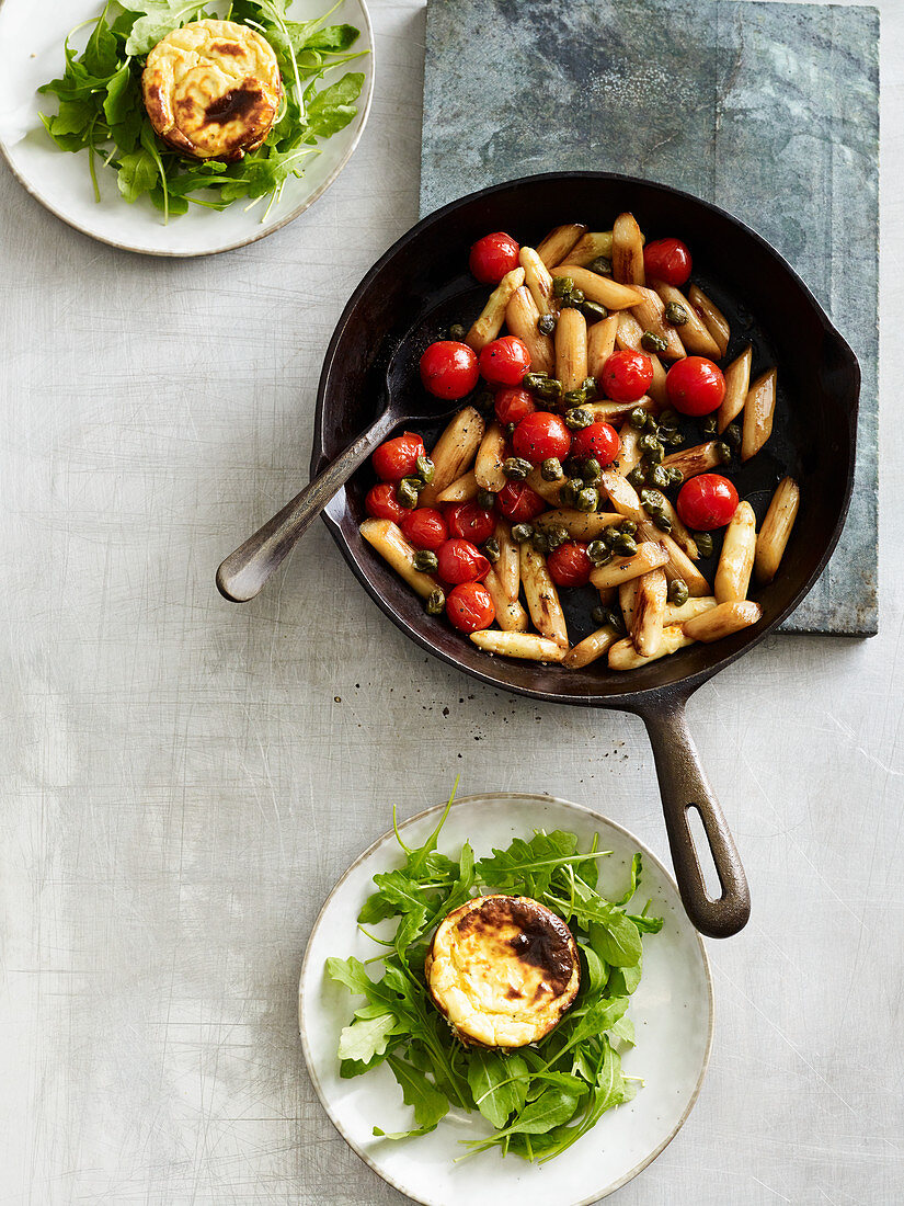 Baked ricotta with fried asparagus and cherry tomatoes