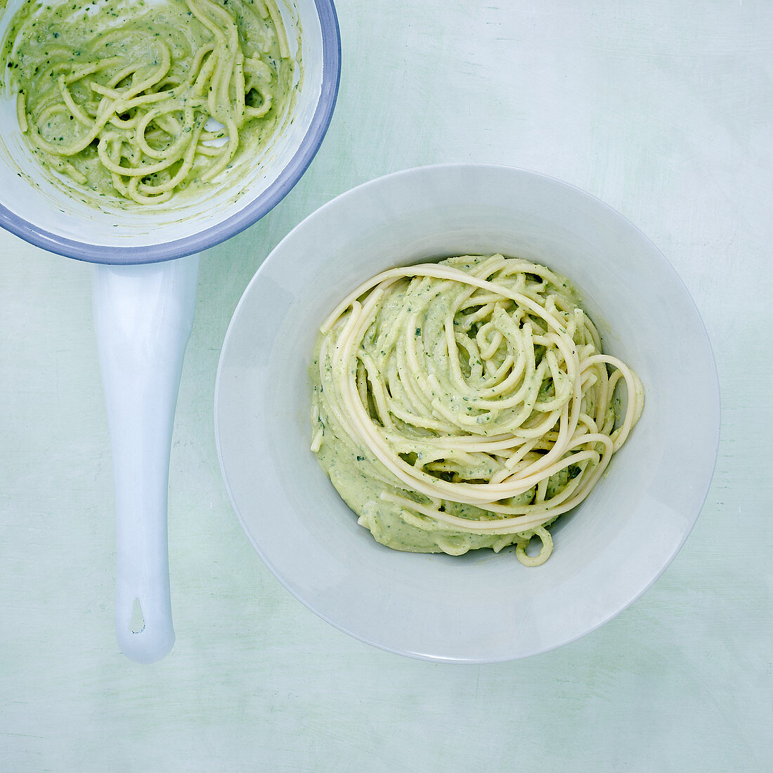 Froschnudeln - Spaghetti mit Basilikum und Kichererbsen