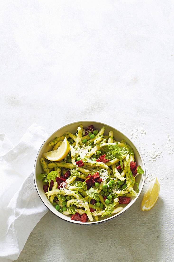 Pasta with pea pesto and crispy chorizo