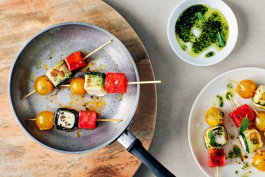 Roasted feta cheese skewers with watermelon and feta cheese
