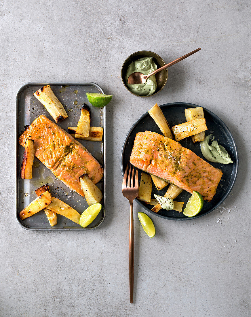 Anise and lime salmon with vegetables and a matcha dressing