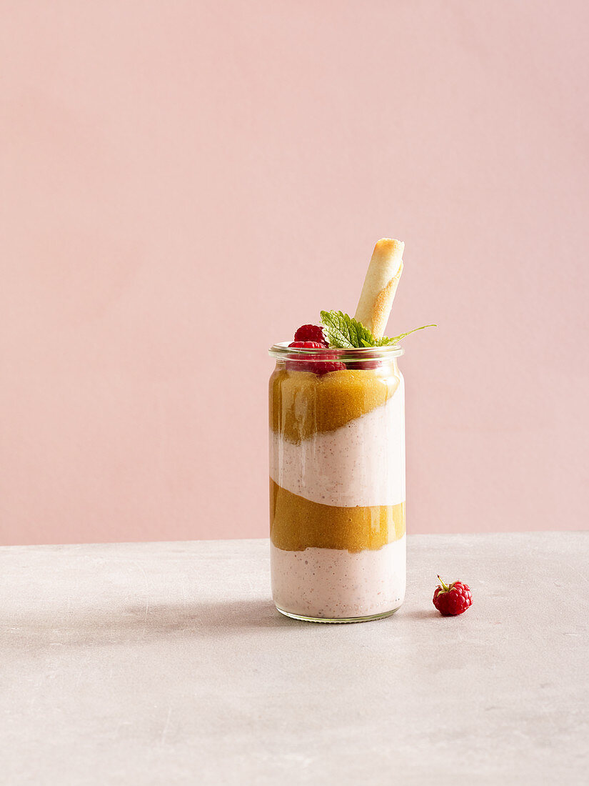 Peach melba smoothie dessert with Greek yoghurt