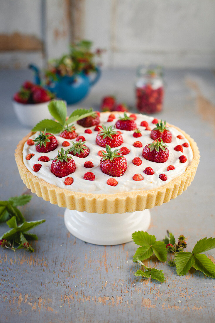 Mascarpone tart garnished with garden and wild strawberries