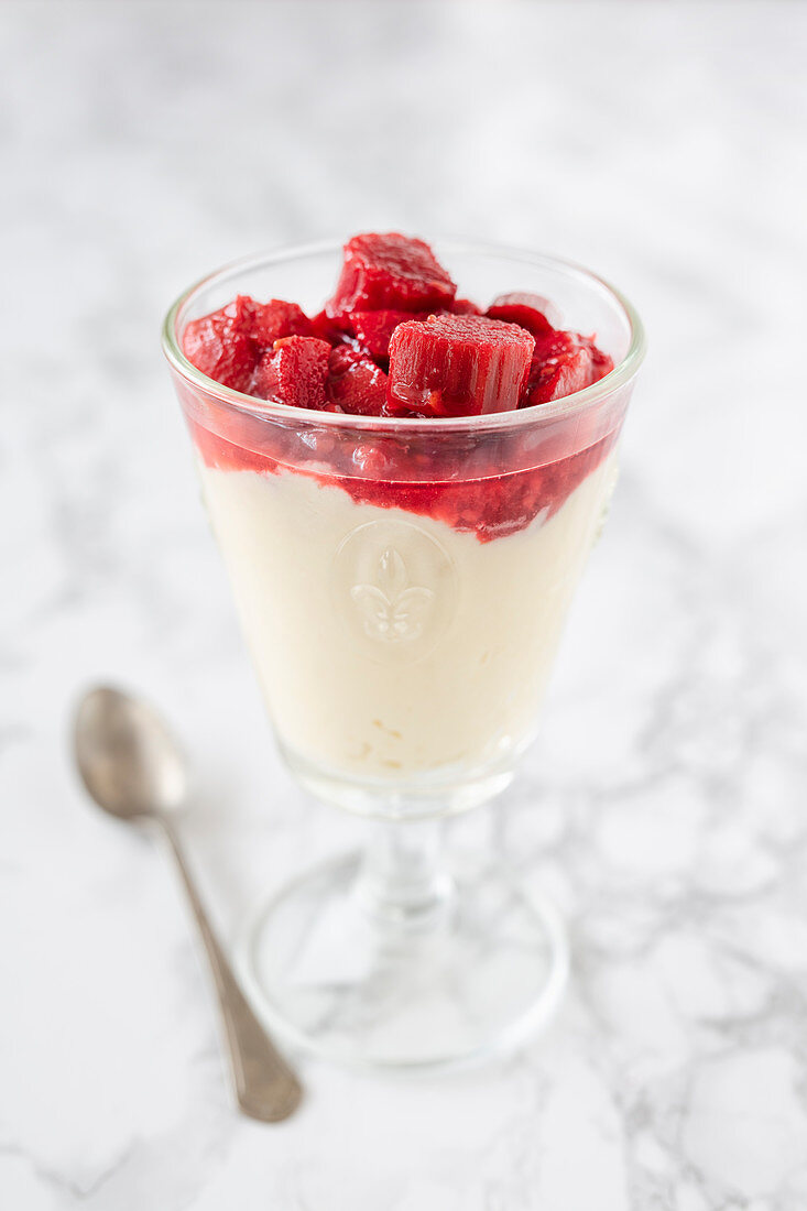 White chocolate mousse with Grand Marnier and rhubarb compote