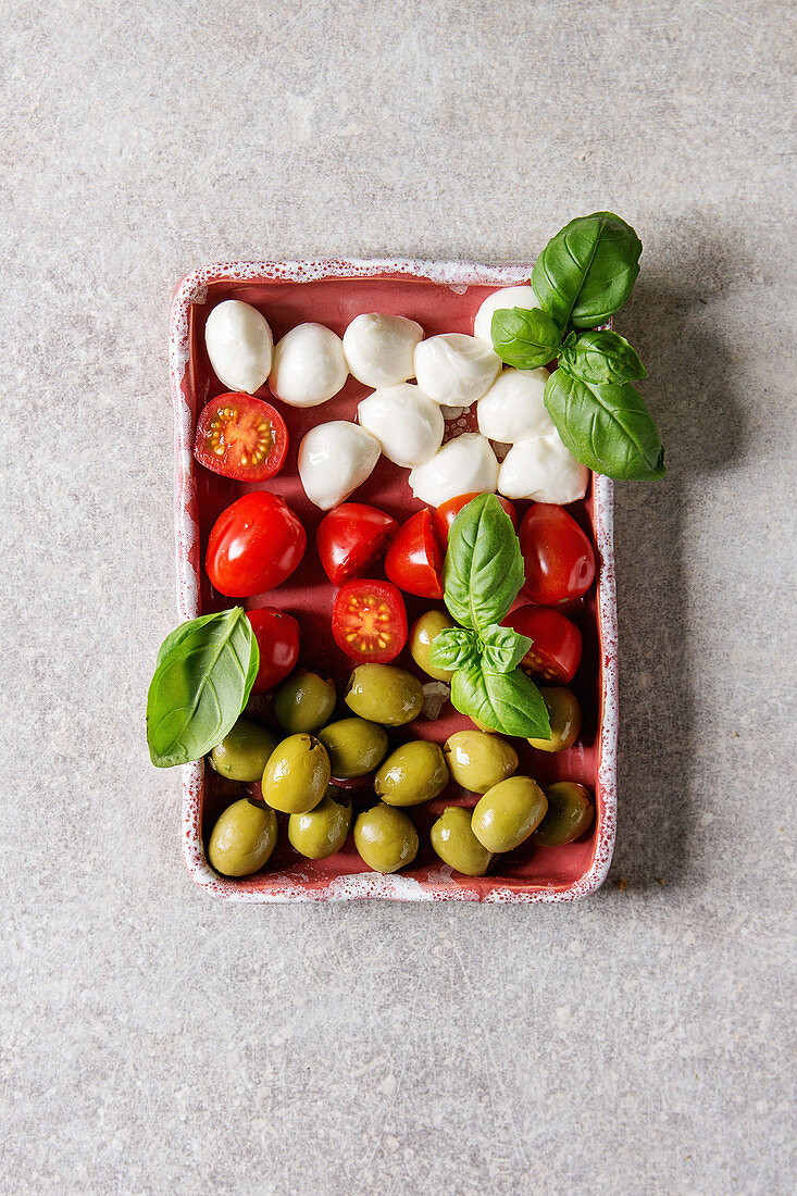 Mozzarella, cherry tomatoes, green olives antipasto appetizers served with basil