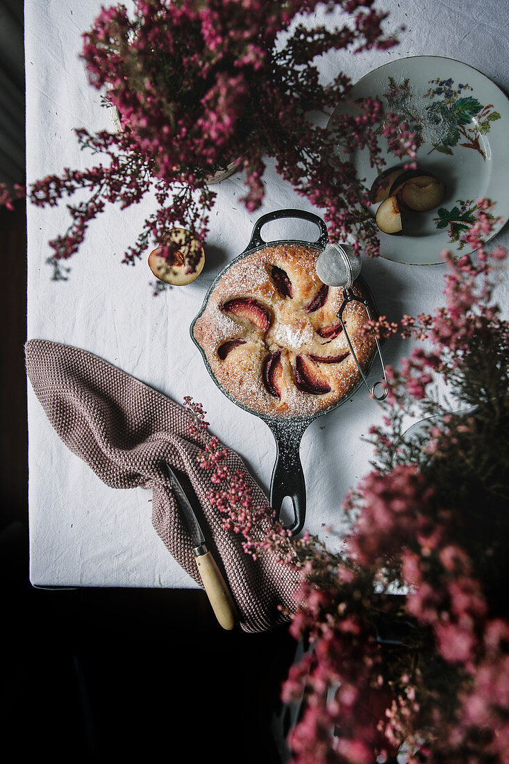 Plum cake in the pan